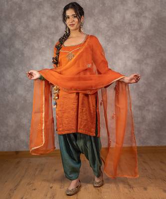 Orange tissue chnaderi kurta set with contrast salwar and matching dupatta, stitched 1