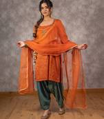 Orange tissue chnaderi kurta set with contrast salwar and matching dupatta, stitched