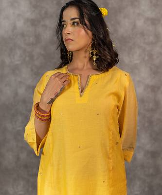 Yellow chanderi hand embellished a-line kurta set with dupatta, stitched 3