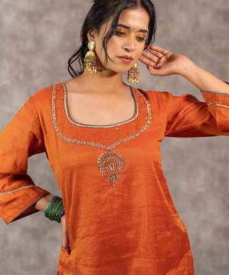 Orange tissue chnaderi kurta set with contrast salwar and matching dupatta, stitched 2