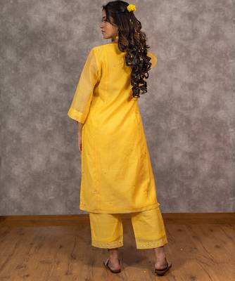 Yellow chanderi hand embellished a-line kurta set with dupatta, stitched 4