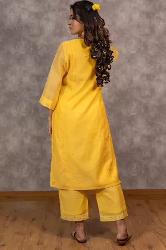 Yellow chanderi hand embellished a-line kurta set with dupatta, stitched