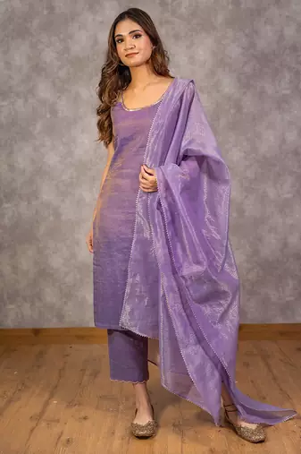 Purple tissue chanderi tonal kurta set with dupatta, stitched