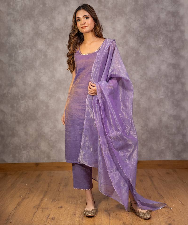 Purple tissue chanderi tonal kurta set with dupatta, stitched