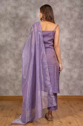 Purple tissue chanderi tonal kurta set with dupatta, stitched