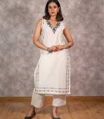 white chanderi mirrorwork embroidered kurta set, stitched