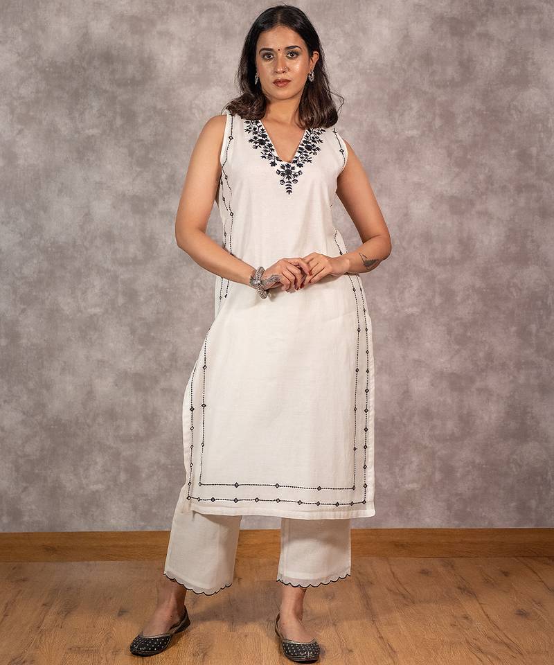 white chanderi mirrorwork embroidered kurta set, stitched