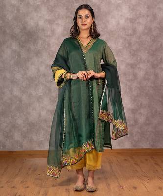 Dark green tissue chanderi kurta set with matching dupatta, stitched 1