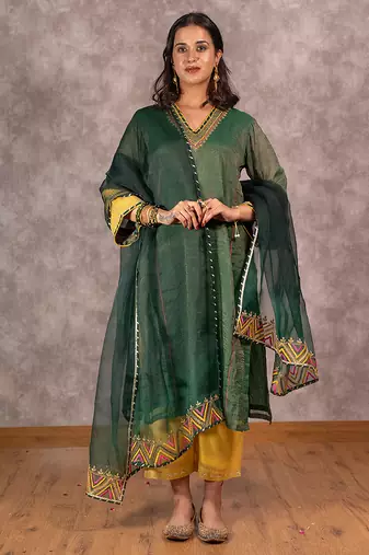 Dark green tissue chanderi kurta set with matching dupatta, stitched