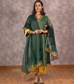 Dark green tissue chanderi kurta set with matching dupatta, stitched