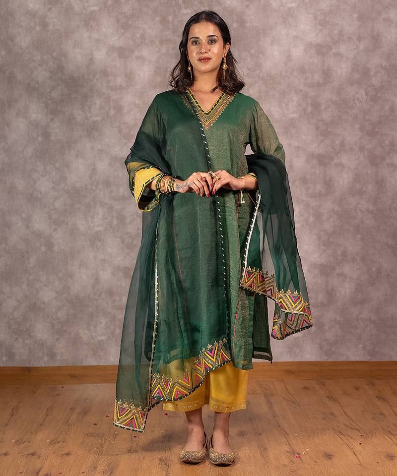 Dark green tissue chanderi kurta set with matching dupatta, stitched