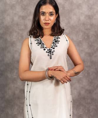 white chanderi mirrorwork embroidered kurta set, stitched 2