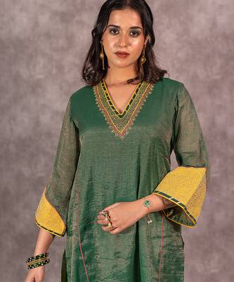 Dark green tissue chanderi kurta set with matching dupatta, stitched 2
