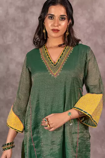 Dark green tissue chanderi kurta set with matching dupatta, stitched