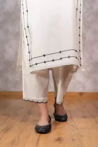white chanderi mirrorwork embroidered kurta set, stitched