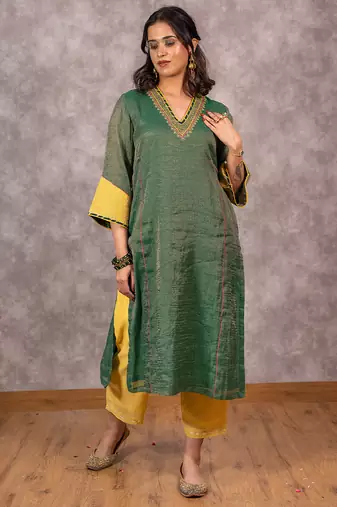 Dark green tissue chanderi kurta set with matching dupatta, stitched
