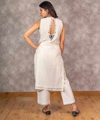 white chanderi mirrorwork embroidered kurta set, stitched 4