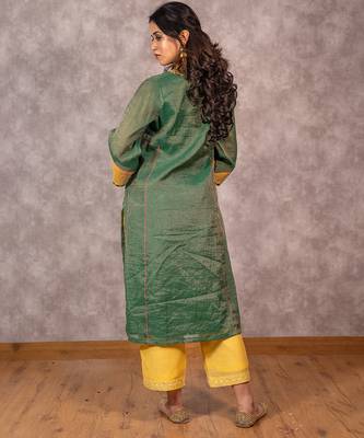 Dark green tissue chanderi kurta set with matching dupatta, stitched 4