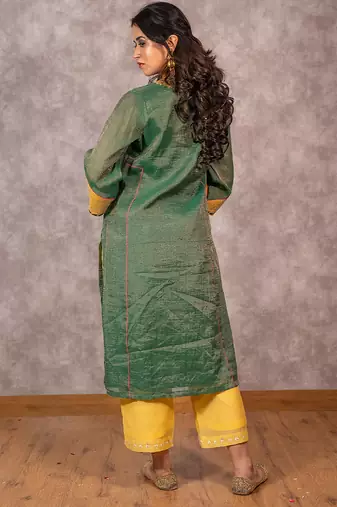 Dark green tissue chanderi kurta set with matching dupatta, stitched