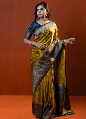 premium musturd yellow with dark olive green gajji silk blend  saree with blouse 1
