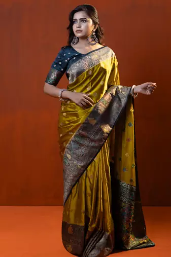 premium musturd yellow with dark olive green gajji silk blend  saree with blouse
