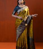 premium musturd yellow with dark olive green gajji silk blend  saree with blouse