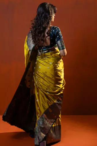 premium musturd yellow with dark olive green gajji silk blend  saree with blouse