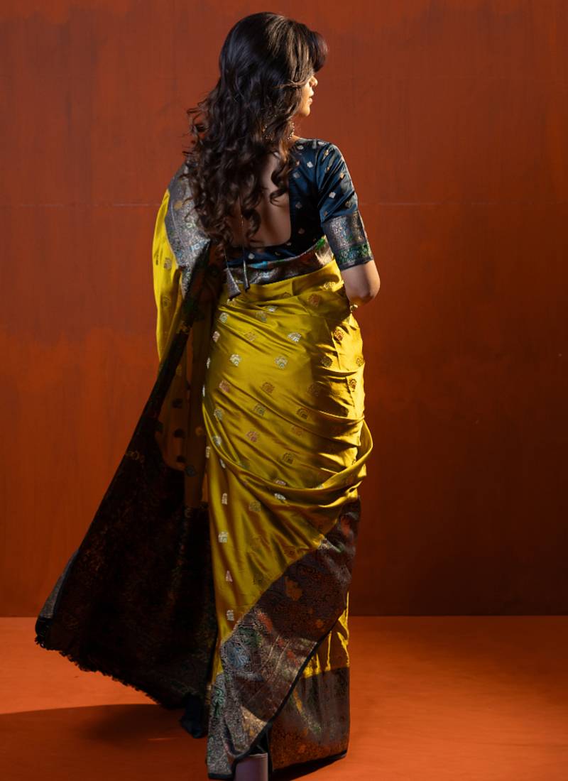 premium musturd yellow with dark olive green gajji silk blend  saree with blouse
