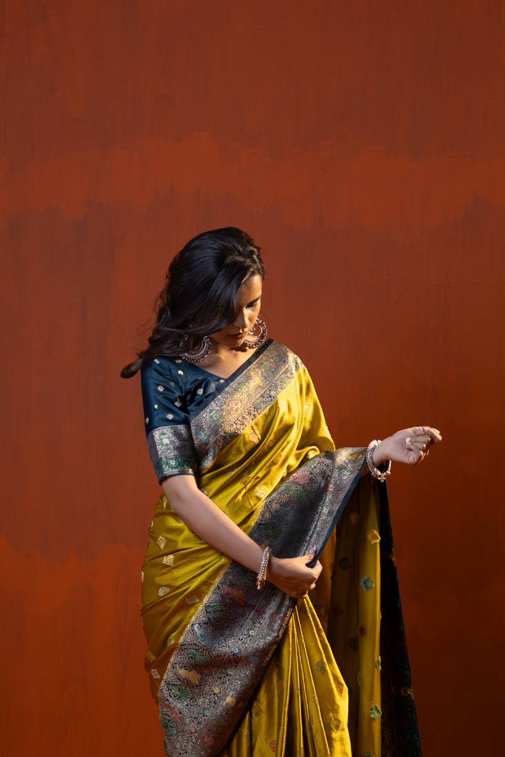 premium musturd yellow with dark olive green gajji silk blend  saree with blouse