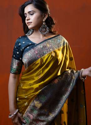 premium musturd yellow with dark olive green gajji silk blend  saree with blouse 4