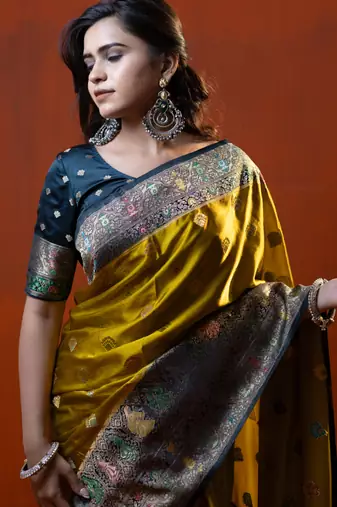 premium musturd yellow with dark olive green gajji silk blend  saree with blouse