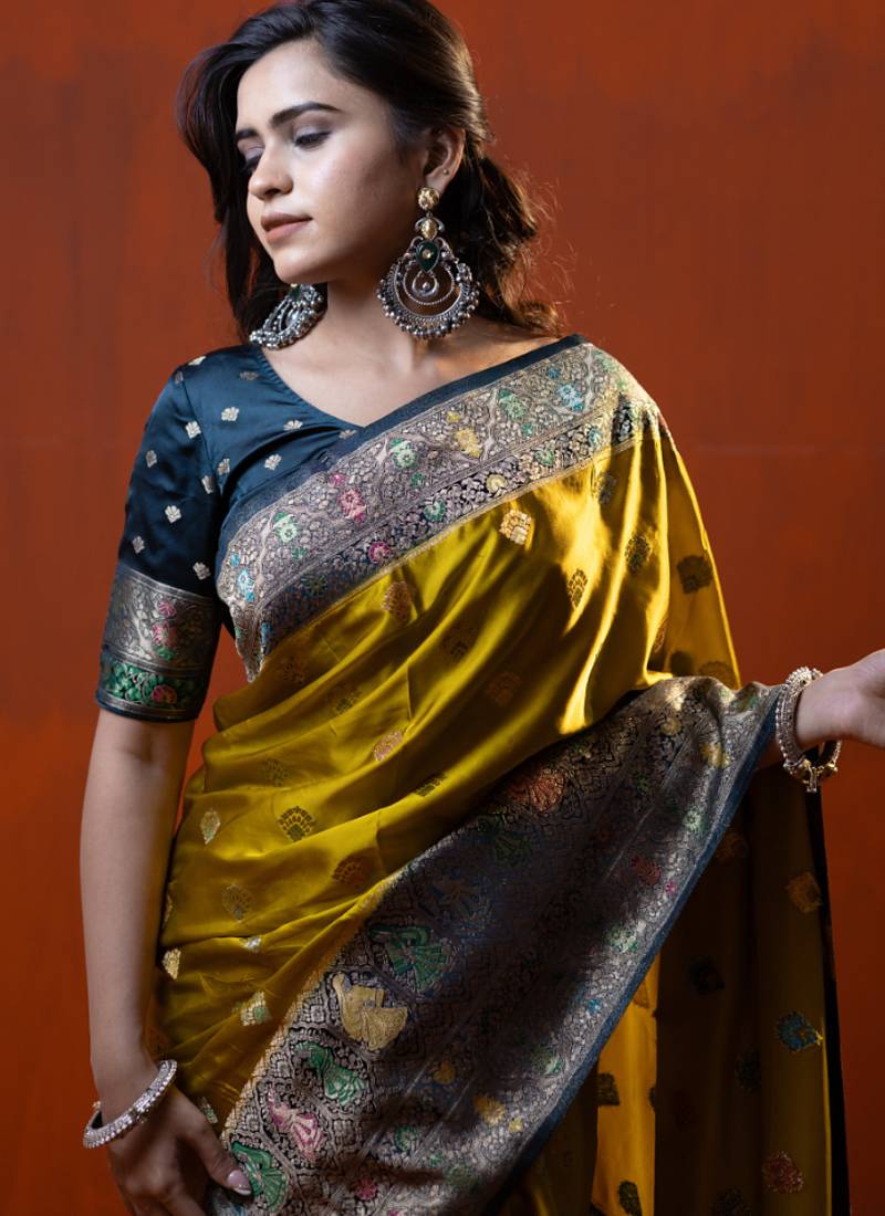 premium musturd yellow with dark olive green gajji silk blend  saree with blouse