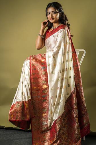 premium off white with rani pink gajji silk blend  saree with blouse