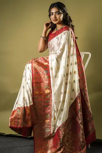 premium off white with rani pink gajji silk blend  saree with blouse