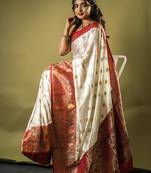 premium off white with rani pink gajji silk blend  saree with blouse