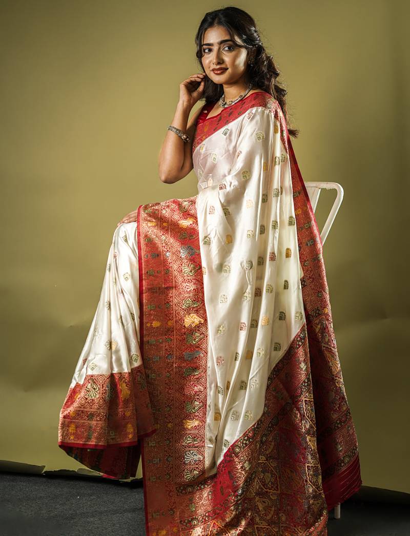premium off white with rani pink gajji silk blend  saree with blouse