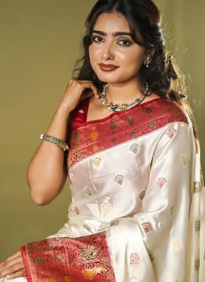premium off white with rani pink gajji silk blend  saree with blouse 2