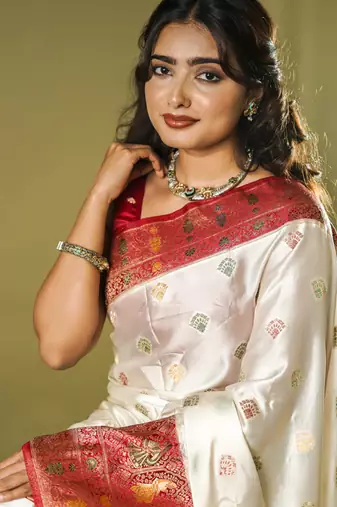 premium off white with rani pink gajji silk blend  saree with blouse