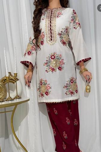 White embroidered kurta with maroon palazzo & dupatta set
