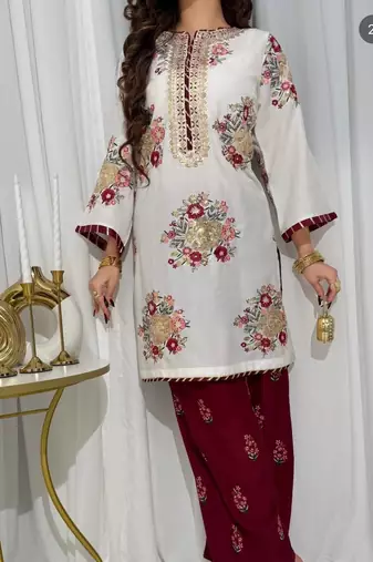 White embroidered kurta with maroon palazzo & dupatta set