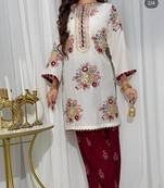 White embroidered kurta with maroon palazzo & dupatta set