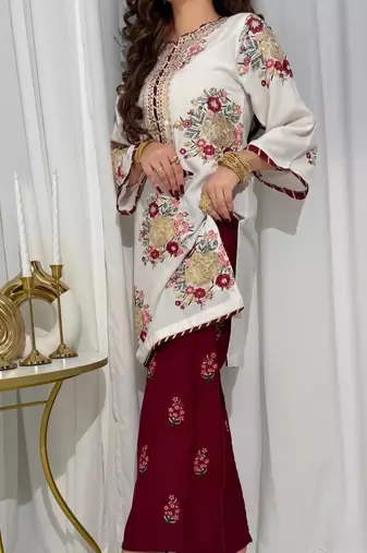 White embroidered kurta with maroon palazzo & dupatta set