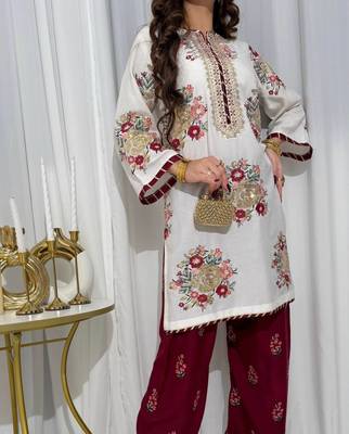 White embroidered kurta with maroon palazzo & dupatta set 3