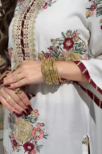 White embroidered kurta with maroon palazzo & dupatta set