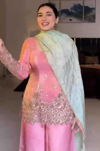 Elegant pink embroidered palazzo suit set with mint green dupatta