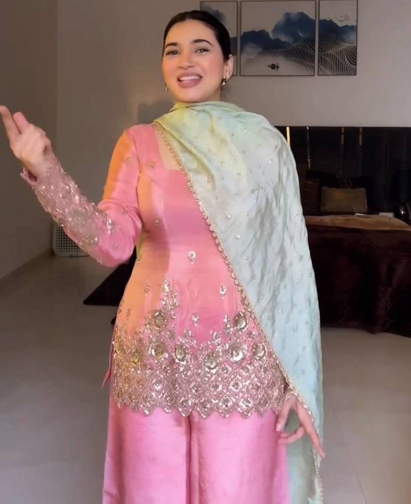 Elegant pink embroidered palazzo suit set with mint green dupatta