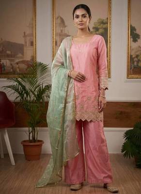 Elegant pink embroidered palazzo suit set with mint green dupatta 5