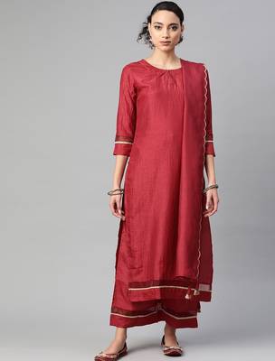 Women Maroon Solid Kurta with Palazzos & Dupatta 1