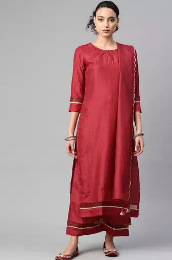 Women Maroon Solid Kurta with Palazzos & Dupatta