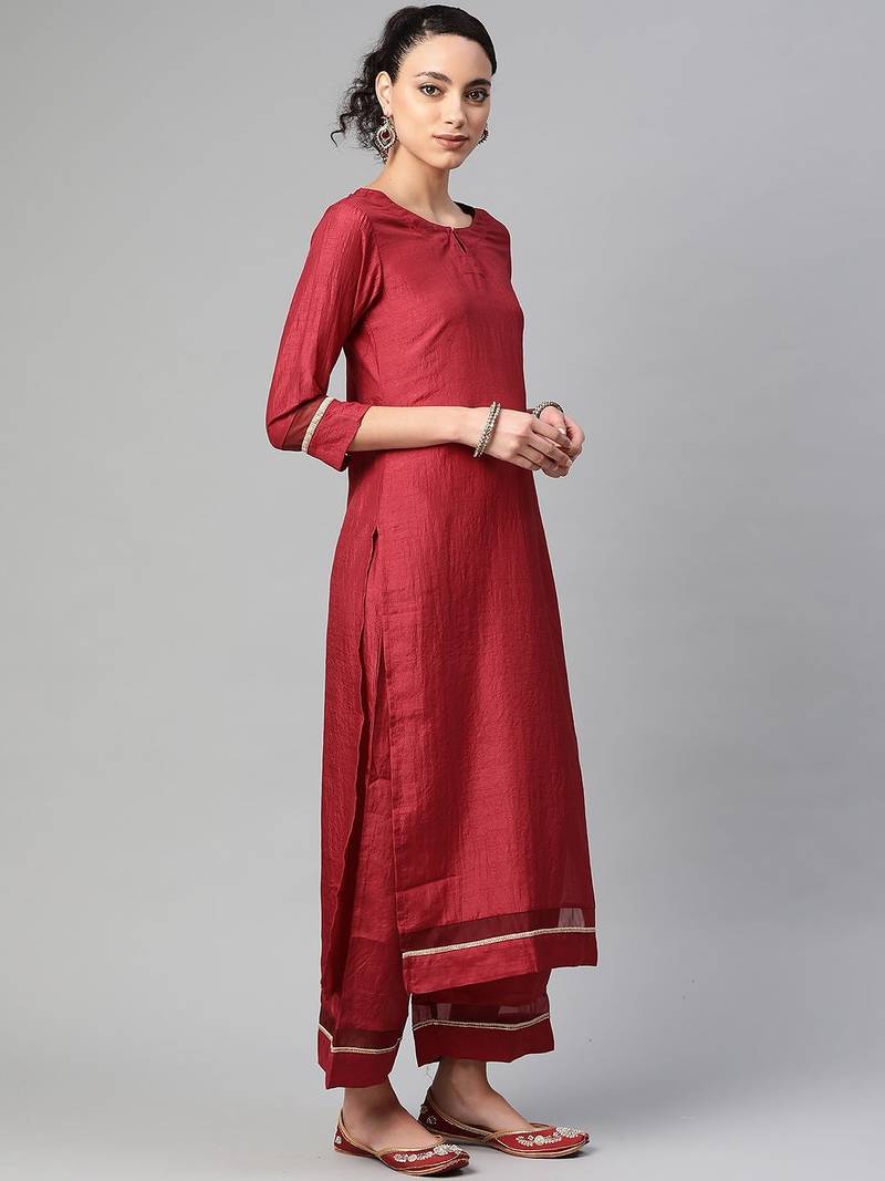 Women Maroon Solid Kurta with Palazzos & Dupatta